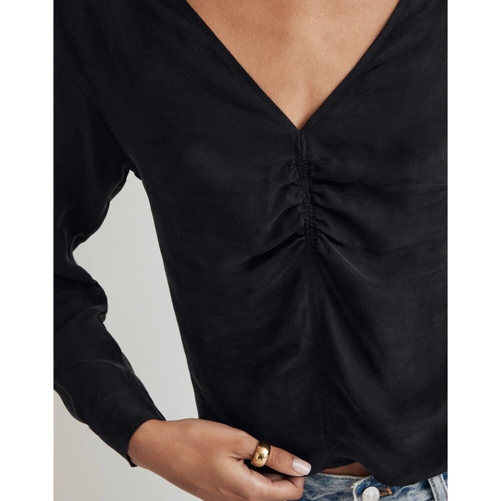 Madewell Brushed Ruched-Front Top in Black 2 New Womens Blouse - Picture 4 of 12